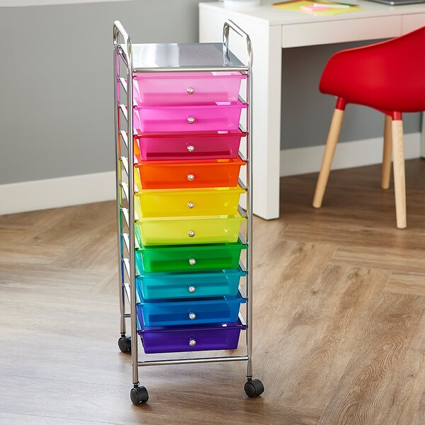 rolling cart with colored drawers on wood floor